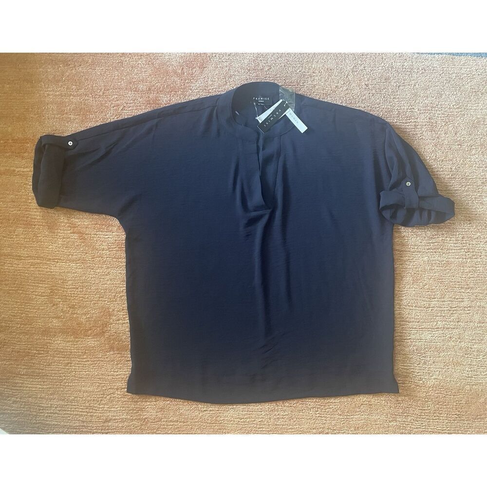 Premise Woman Navy Blouse 1X 3/4 Sleeve Roll Tab Collarless Tunic Top NWT